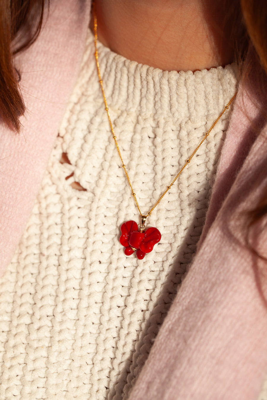 Red Ribbon Charm Necklace